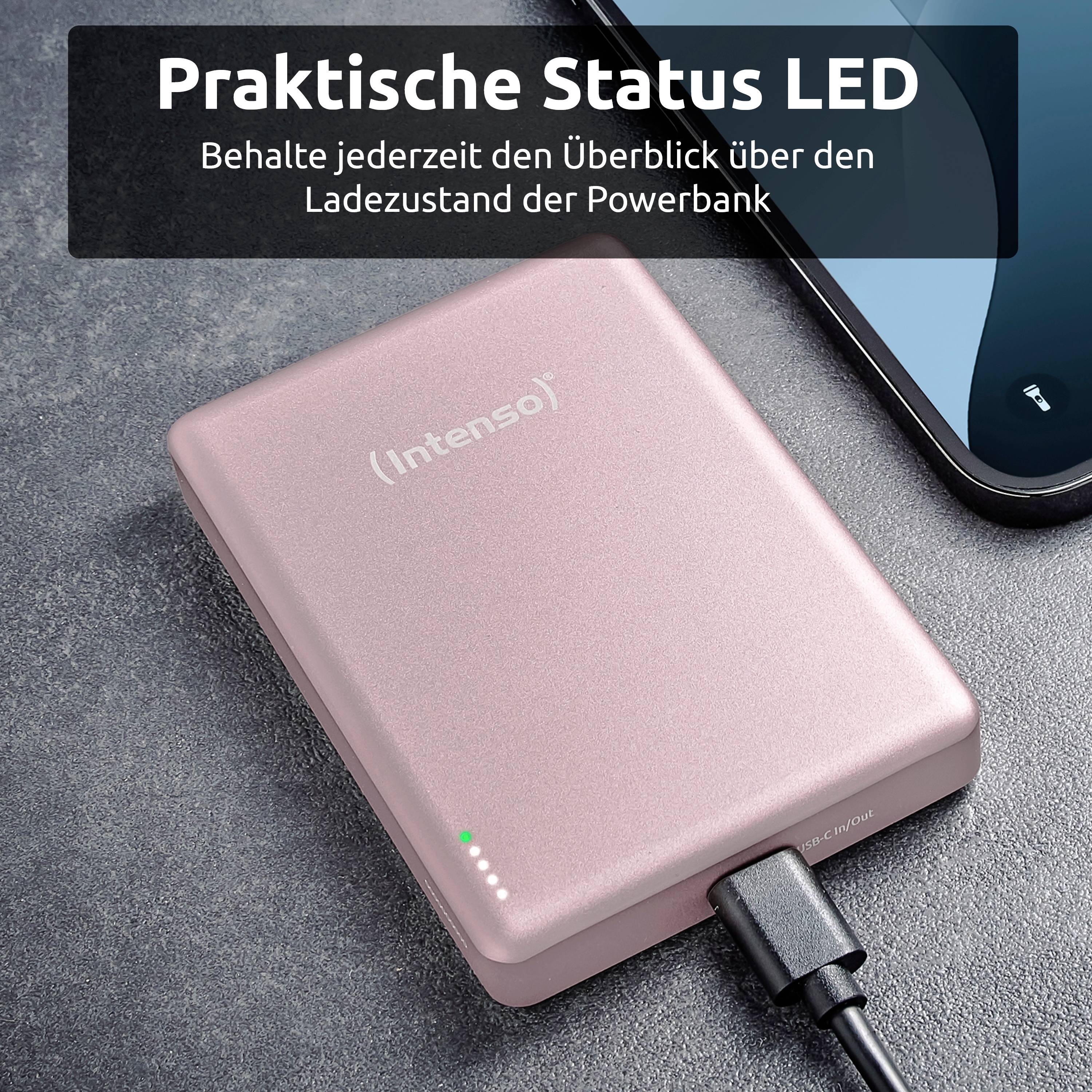 Ein rosa Powerbank mit einem Ladekabel, neben einem Smartphone. Deutscher Text: 'Praktische Status-LED. Behalte jederzeit den Überblick über den Ladezustand der Powerbank.'