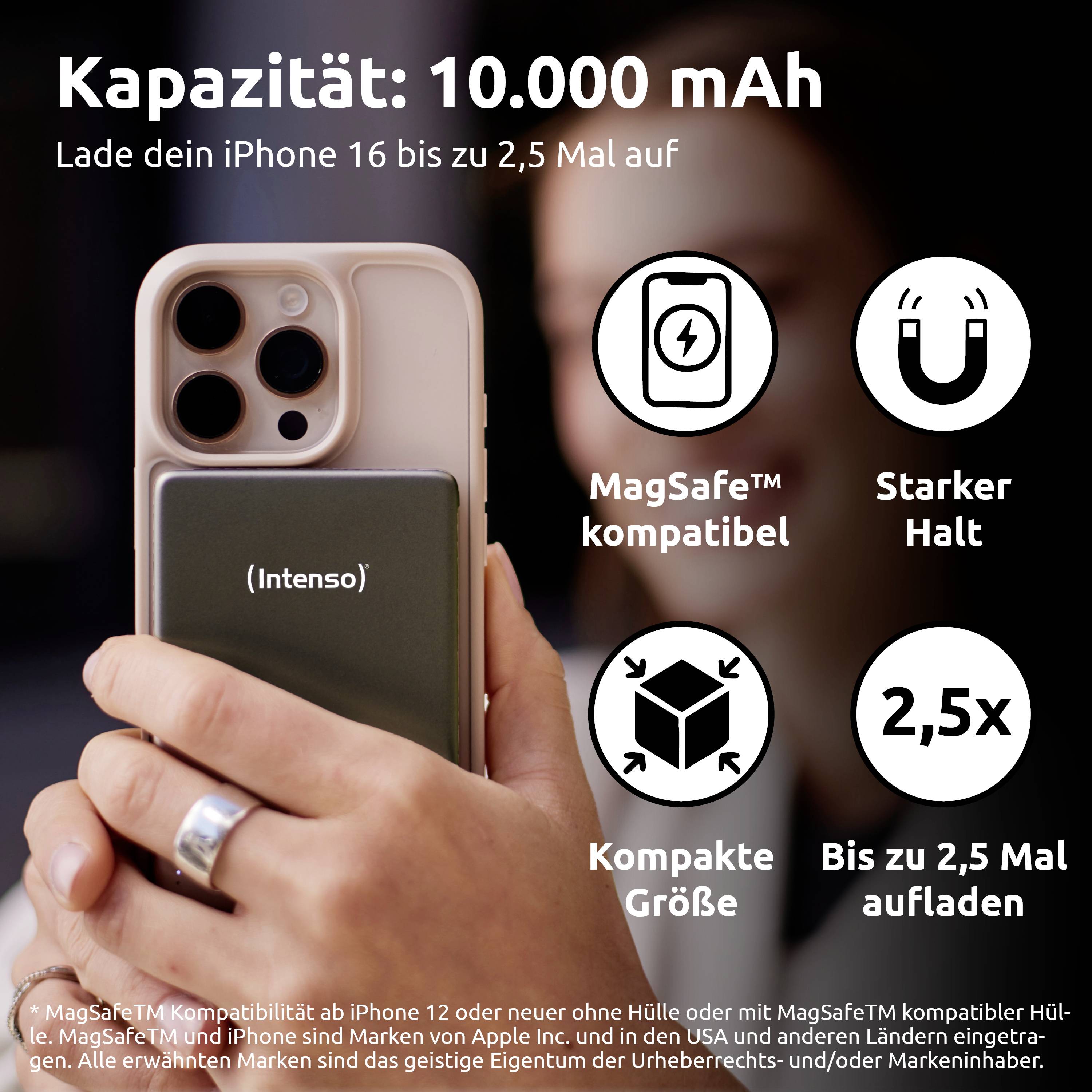 Kapazität: 10.000 mAh. Lade dein iPhone bis zu 2,5 Mal auf. Handyhülle mit integriertem Akku, MagSafeTM-kompatibel, kompakte Größe.