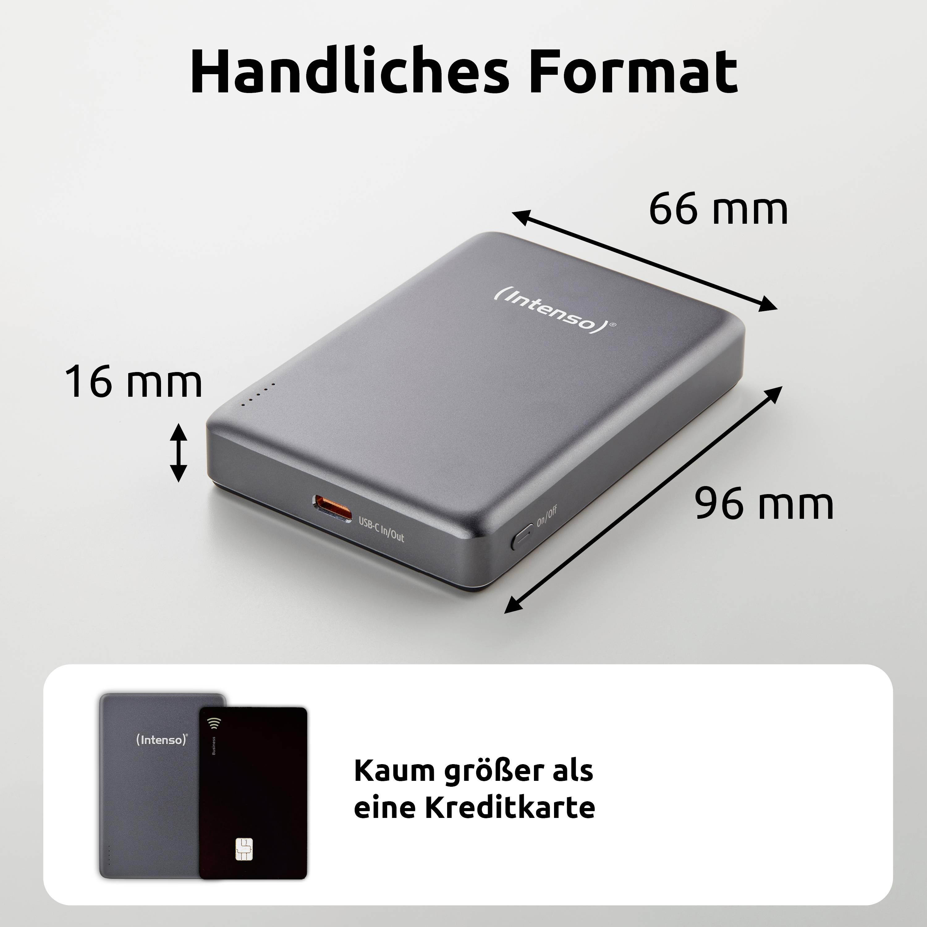 'Handliches Format' beschreibt ein kompaktes externes Gerät mit Abmessungen von 66 mm x 96 mm x 16 mm. Die Abbildung vergleicht es mit der Größe einer Kreditkarte.