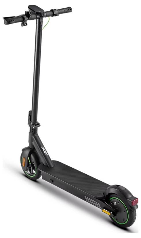 Elektrischer Roller mit schwarzem Rahmen, grün akzentuierten Rädern und Rücklicht, von der Seite auf weißem Hintergrund abgebildet.