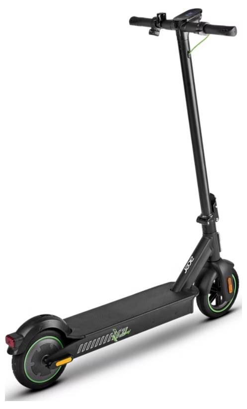 E-Roller mit elegantem schwarzem Design, grünen Radakzenten und LED-Display. Ideal für das Pendeln in der Stadt.