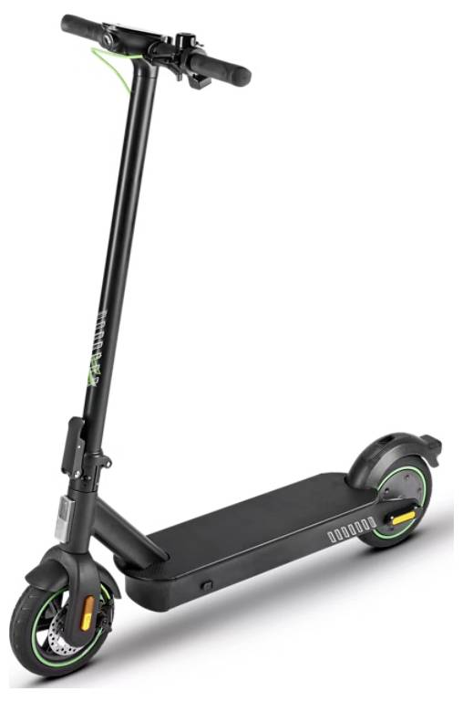 Elektrischer Roller mit einem schwarzen Rahmen, grünen Akzenten und einem Heckschutzblech. Verfügt über eine schmale Basis, aufrechte Lenkstangen und sichtbare Räder.