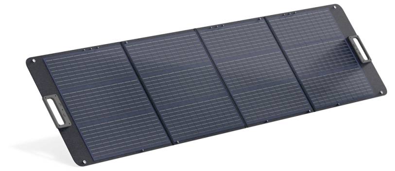 Ein rechteckiges blaues Solarpanel mit vier Abschnitten, das für den mobilen Einsatz konzipiert ist. Es verfügt über Griffe an beiden Enden und wirkt leicht.