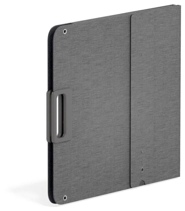 Ein faltbares, rechteckiges Panel in Dunkelgrau, mit einer strukturierten Oberfläche und einer zentralen Falznaht. Ein rechteckiger Griff ist an einer Seite befestigt.