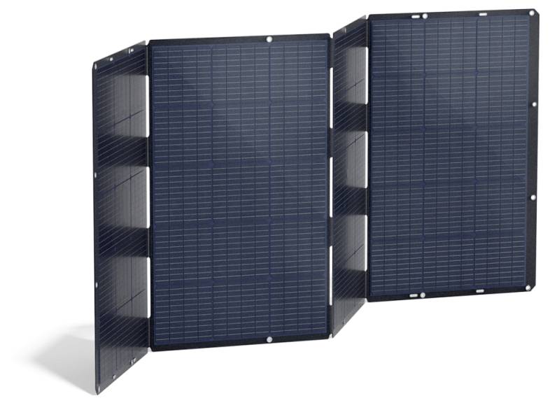Zusammenklappbares Solarpanel mit drei dunklen, flachen Abschnitten, die durch Scharniere verbunden sind und zur tragbaren Solarenergie-Gewinnung verwendet werden.