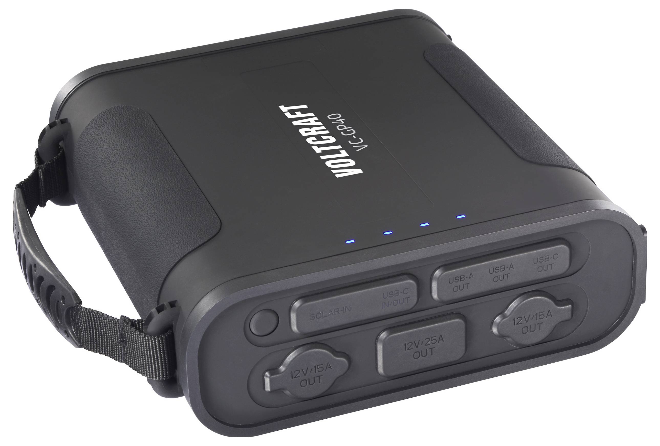 Tragbarer schwarzer Voltcraft VC-420 Starthilfegerät mit Trageband und mehreren beschrifteten Ausgangsanschlüssen. Geeignet zur Unterstützung von 12V-Autobatterien.