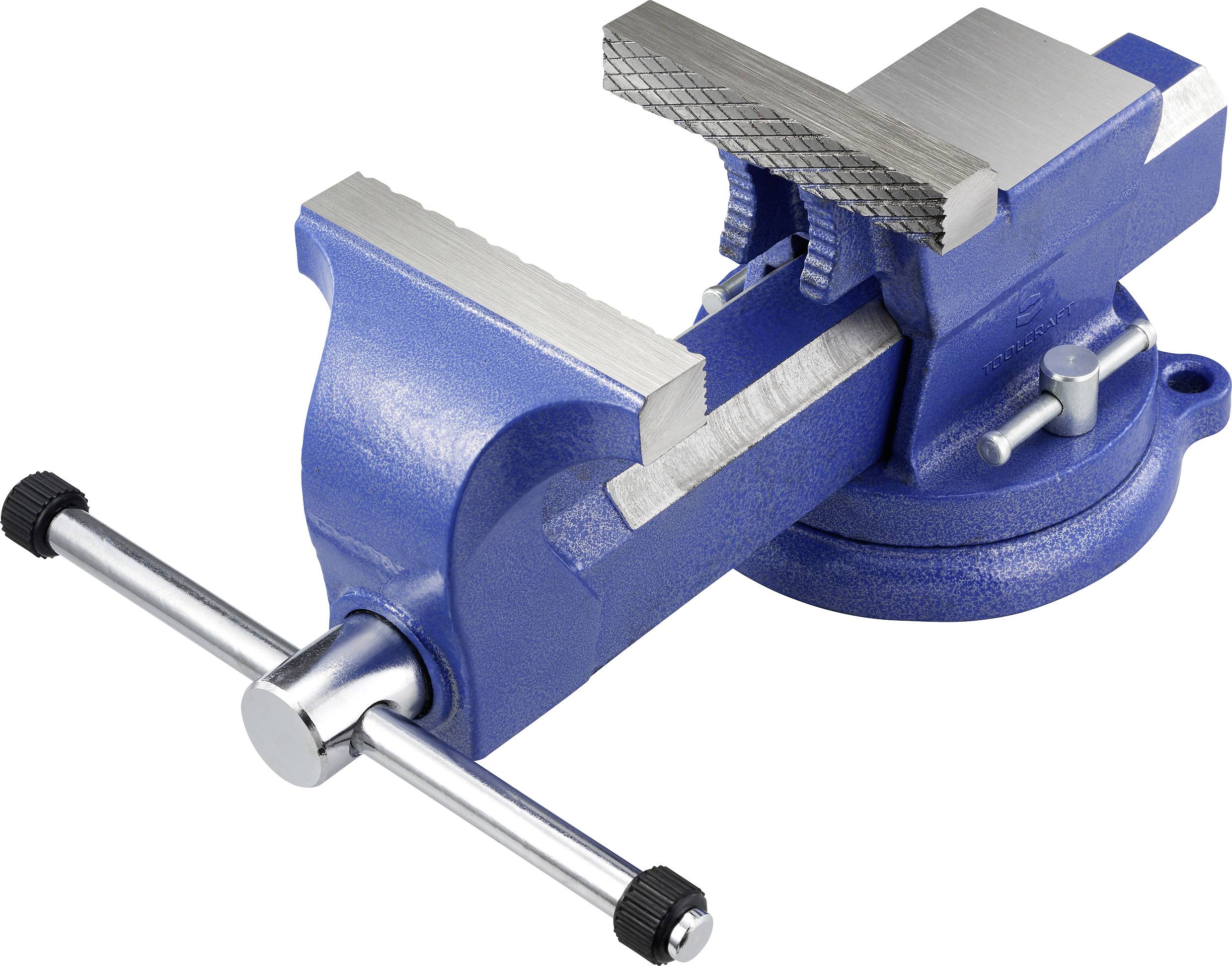 Eine blaue Metallschraubstock mit drehbarer Basis und verstellbaren Backen, die verwendet wird, um Objekte sicher für Arbeiten wie Sägen oder Feilen festzuhalten.