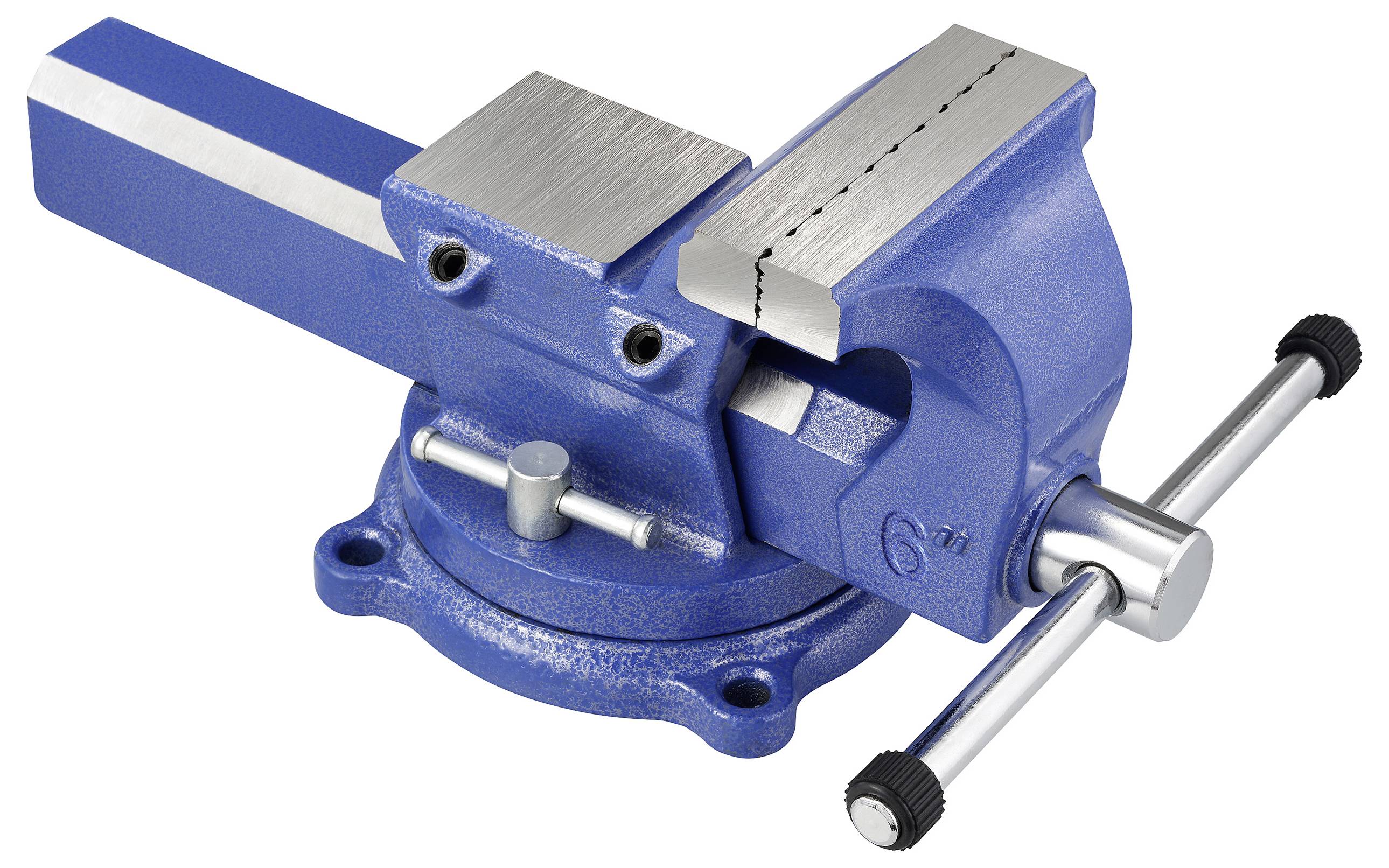 Eine blaue Schraubstock mit einer festen Basis, zwei Metallbacken zum Greifen von Objekten und einem Griff zur Einstellung der Backenbreite.