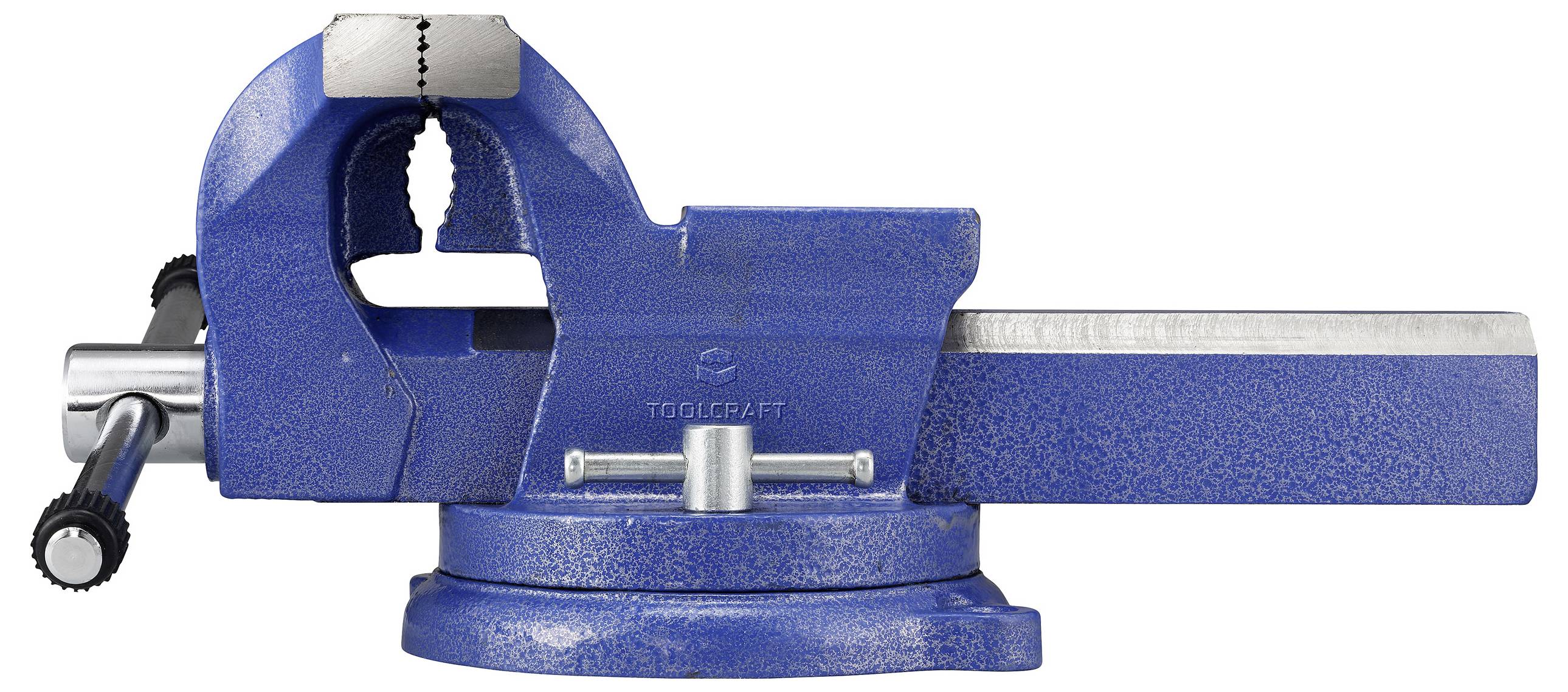 Eine blaue Metallschraubstock mit einer drehbaren Basis und einem Griff zum Festziehen, der verwendet wird, um Objekte während Arbeiten wie Sägen oder Bohren sicher zu fixieren.