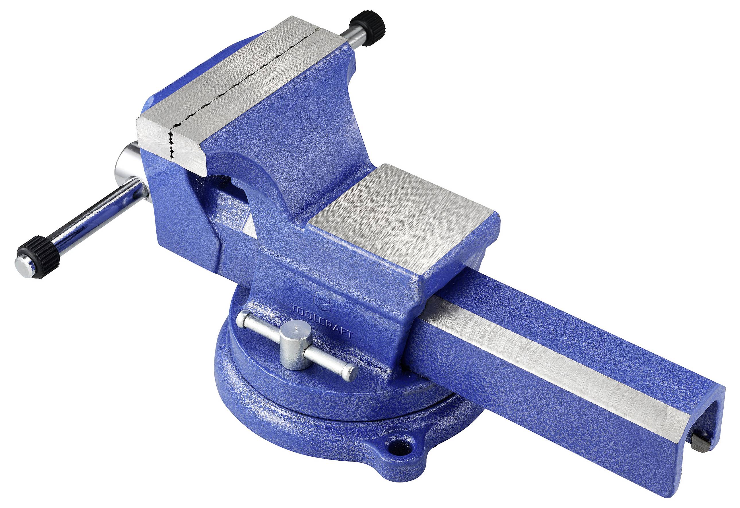 Eine blaue Metallschraubstock mit silbernen Backen und Griff, der zum Befestigen von Gegenständen bei Holz- oder Metallarbeiten verwendet wird.