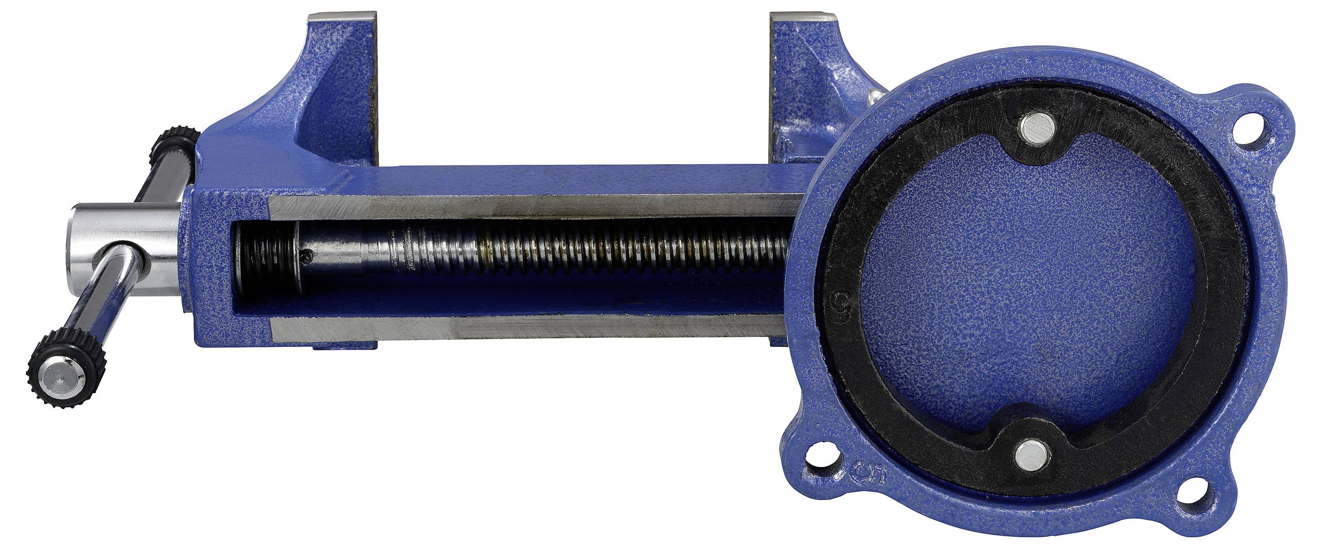 Eine blaue Schraubstock mit einem geränderten Griff und einer kreisförmigen Basis, die entwickelt wurde, um Gegenstände während Arbeits- oder Reparaturaufgaben sicher festzuhalten.