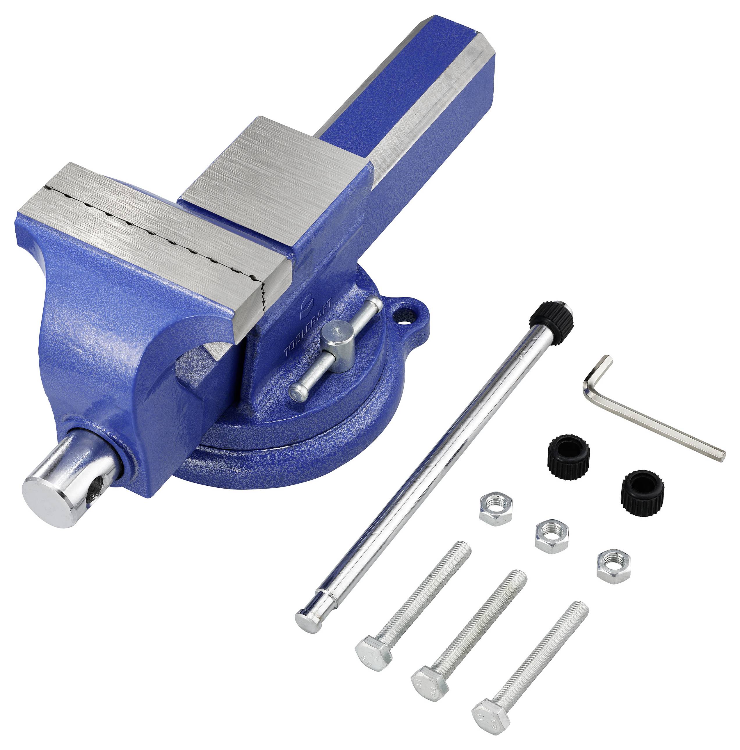 Eine blaue Schraubstock mit einer drehbaren Basis und Metallbacken, ausgestattet mit Schrauben, Muttern, Unterlegscheiben und einem L-förmigen Sechskantschlüssel zur Montage.