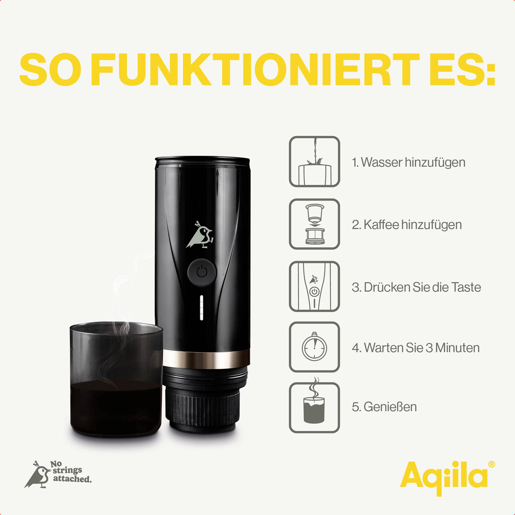 'So funktioniert es: 1. Wasser hinzufügen 2. Kaffee hinzufügen 3. Drücken Sie die Taste 4. Warten Sie 3 Minuten 5. Genießen.' Bild zeigt einen schwarzen Kaffeemacher mit einer transparenten Tasse. Logos und Icons enthalten.