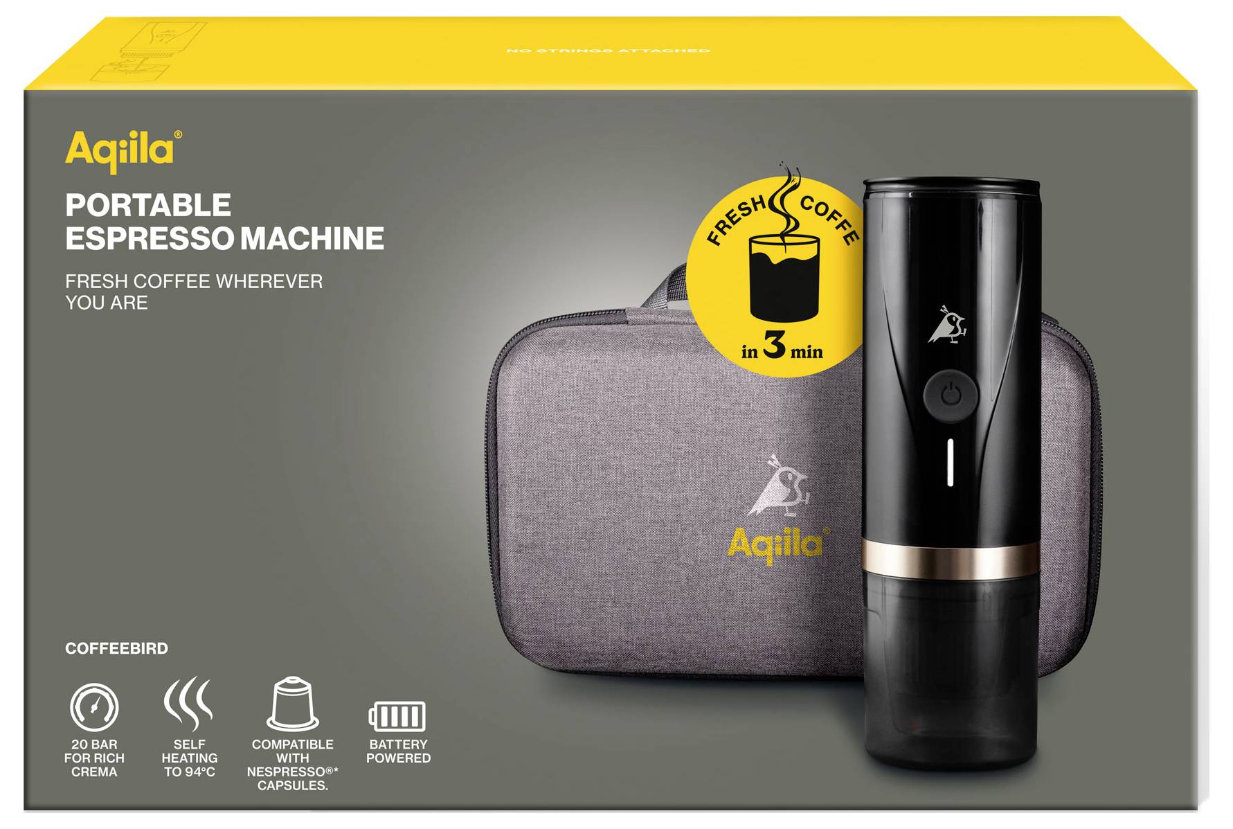 Tragbare Espressomaschine mit Kaffeemaschine und Transporttasche. Hervorgehobene Funktionen: 20 bar Druck, Selbsterhitzung, Kapselkompatibel, batteriebetrieben.