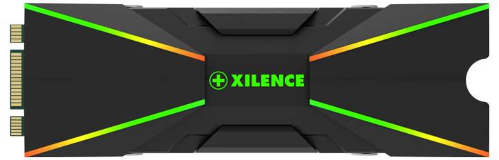 Grafik eines schwarzen Xilence RAM-Sticks mit bunten LED-Linien und dem grünen 'Xilence'-Logo in der Mitte.