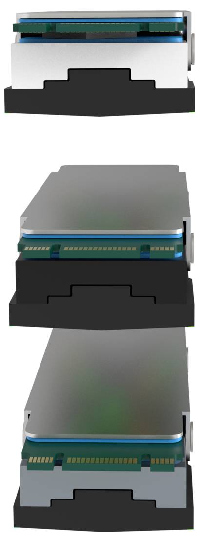 Drei Ansichten einer Computerkomponente mit sichtbaren Schaltkreisanschlüssen, die verschiedene Winkel und Konstruktionsdetails veranschaulichen.