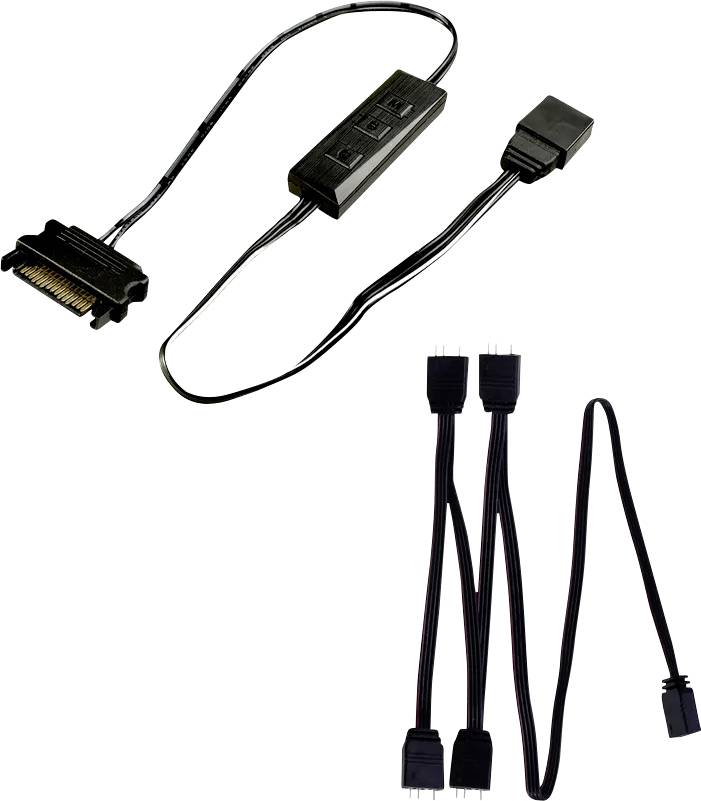 „Ein Computerkabel-Set mit Anschlüssen und einem Schalter für Konnektivität, separat dargestellt, wobei das Design und die Nutzbarkeit für den PC-Aufbau hervorgehoben werden.