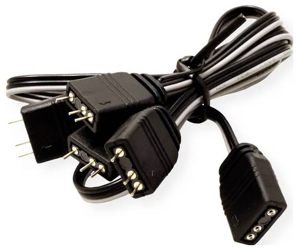 Eine Nahaufnahme eines gebündelten Satzes schwarzer 3-Pin-Lüfteranschlusskabel, wobei ein Ende drei Anschlüsse und das andere einen einzelnen Anschluss hat.