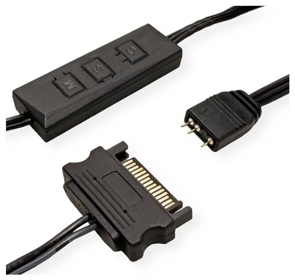 Computerkabel mit Anschlüssen und Schalter mit den Beschriftungen 