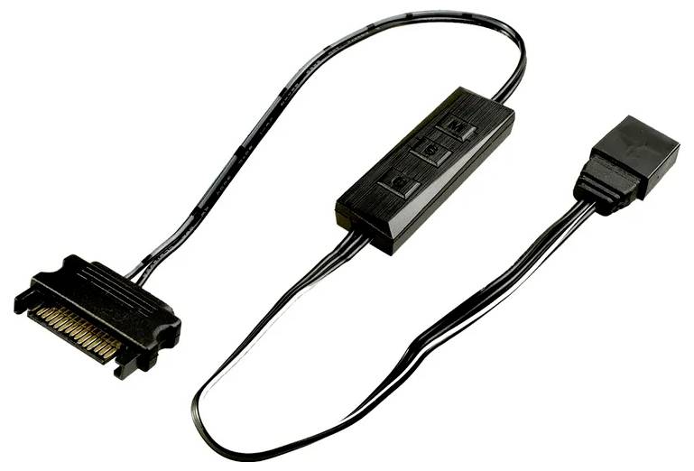 Schwarzer SATA-Stromkabeladapter mit integriertem Schalter.