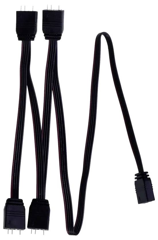 Schwarzes dreiadrige Verteilerkabel mit Anschlüssen an beiden Enden, üblicherweise für Computer-Hardware oder elektronische Installationen verwendet.