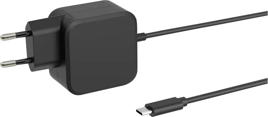 Ein schwarzes Wandladegerät mit zwei runden Steckern, das mit einem USB-C-Kabel verbunden ist, vor einem einfarbigen weißen Hintergrund.