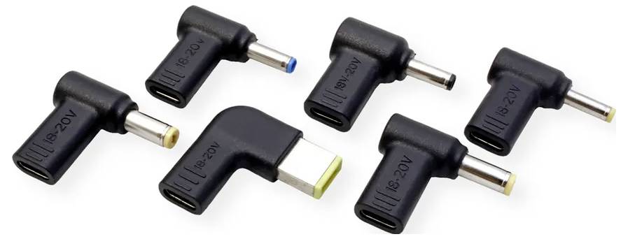 Ein Set aus sechs schwarzen Ladegerät-Adaptertips, die jeweils verschiedene Anschlussformen und -größen aufweisen und für die Kompatibilität mit unterschiedlichen Geräten entwickelt wurden.