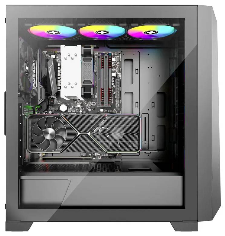 Ein Gaming-Desktop-Computer mit einer Glasseite, auf der ein RGB-beleuchtetes Kühlsystem, Grafikkarte und andere interne Komponenten zu sehen sind.