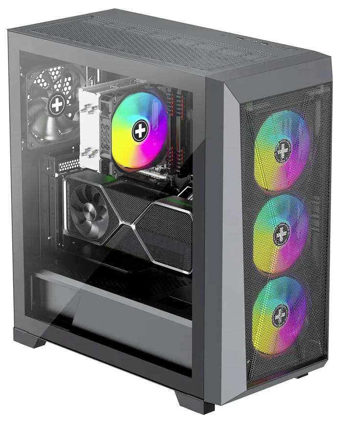Ein Gaming-PC mit transparentem Seitenpanel, der interne Komponenten wie Lüfter mit RGB-Beleuchtung, eine Grafikkarte und ein Kühlsystem zeigt.