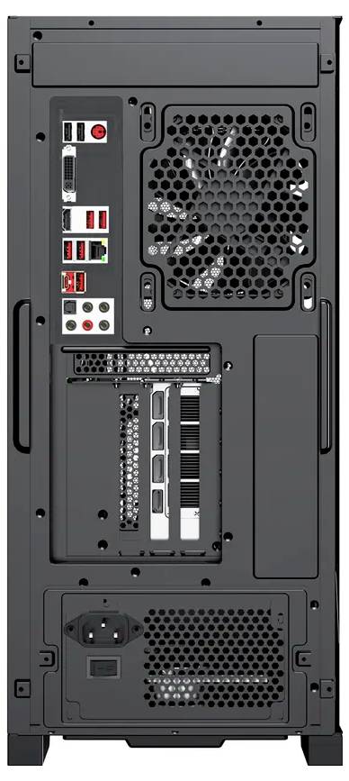 Rückansicht eines Computergehäuses mit Anschlüssen, Erweiterungssteckplätzen und Lüftungsventilator. Beinhaltet Netzteil und USB-Anschlüsse oben links.
