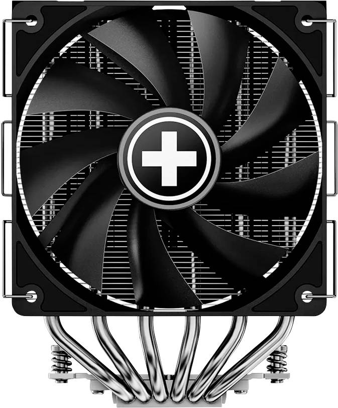 Ein schwarzer Computer-Kühlventilator mit einem Pluszeichen in der Mitte, montiert auf einem Kühlkörper mit metallischen Heatpipes, die sich darunter erstrecken.