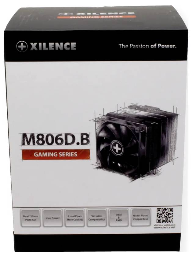 'Xilence M806D.B Gaming Series' CPU-Kühler Verpackung mit einem Foto des Kühlers und aufgelisteten Funktionen: Dual Tower, ARGB, Geräuschkontrolle.