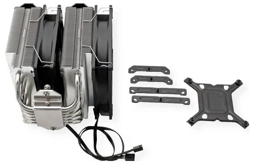 Ein Dual-Lüfter-CPU-Kühler mit Heatpipes neben Befestigungszubehör, einschließlich Halterungen und einer Grundplatte, zur Installation in einem Computer.
