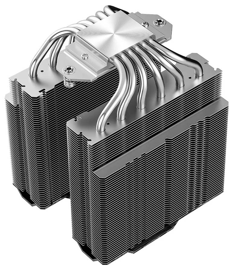 Ein Doppelturm-CPU-Kühler mit mehreren Heatpipes und Aluminium-Lamellen, der für optimale Wärmeabführung in Computersystemen konzipiert ist.