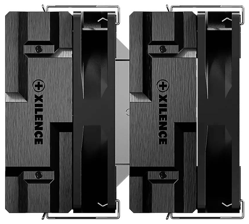 Schwarzer CPU-Kühler der Marke Xilence mit zwei Lüftern und Heatpipes, entwickelt für optimale Kühlleistung in PC-Systemen.