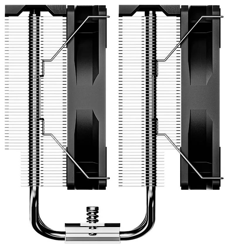 Ein schwarzer CPU-Kühler mit zwei Lüftern, silbernen Heatpipes und Kühlrippen, der ein robustes und effizientes Kühldesign für Computerkomponenten präsentiert.