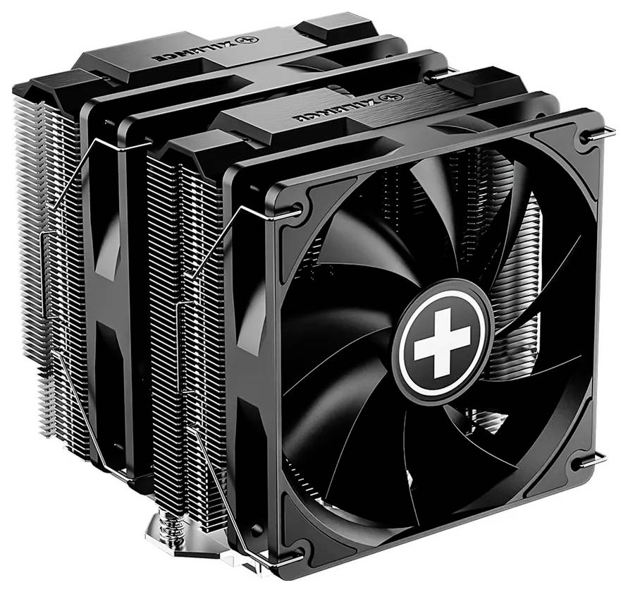 Ein großer schwarzer CPU-Kühler mit Dual-Tower-Design, ausgestattet mit mehreren Heatpipes und einem markanten Lüfter mit weißem Kreuz-Logo.