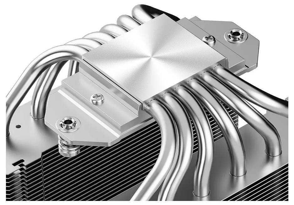 Ein Metallkühlkörper mit mehreren Heatpipes und einer glatten Basis, der zum Ableiten von Wärme aus elektronischen Komponenten konzipiert ist.