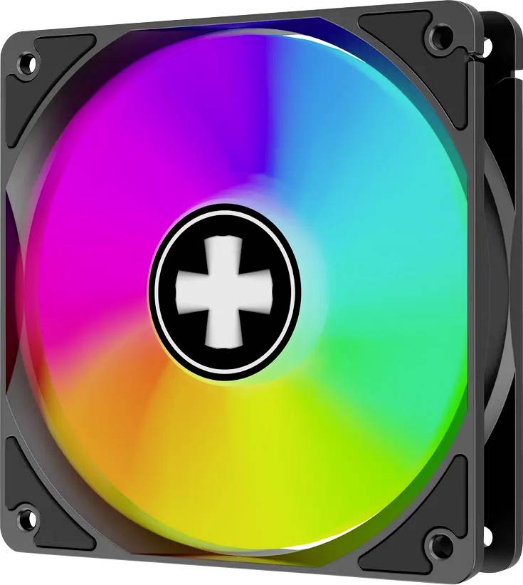 Ein Computerlüfter mit RGB-LED-Beleuchtung zeigt ein Farbspektrum, das Rot, Orange, Gelb, Grün und Blau umfasst und ein zentrales Logo umgibt.