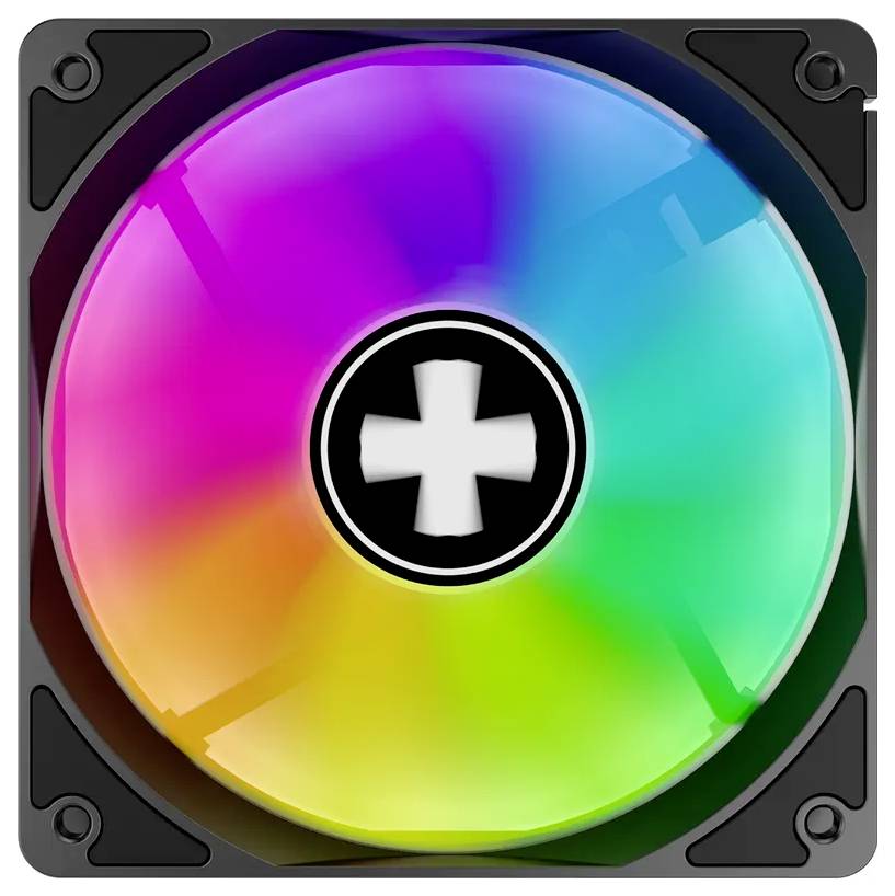 Ein Computer-Kühlventilator mit RGB-LED-Beleuchtung zeigt ein kreisförmiges Regenbogenmuster. Der Lüfter ist in einem quadratischen schwarzen Rahmen montiert.