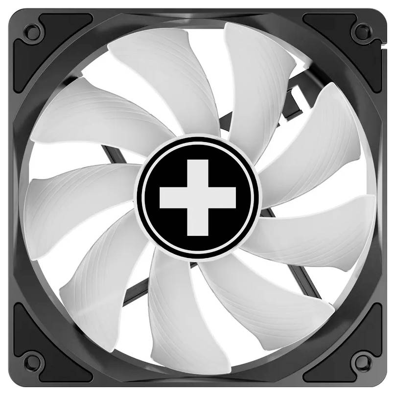 Ein Computerlüfter mit weißen Schaufeln in einem schwarzen Rahmen, der ein Pluszeichen in der Mitte aufweist.