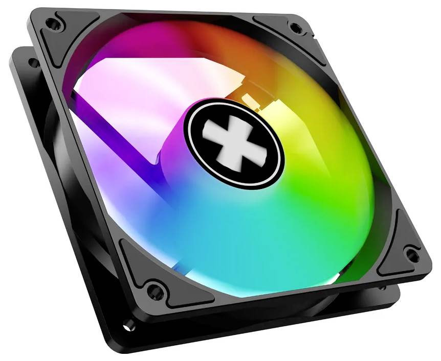 Ein Computerlüfter mit leuchtender RGB-Beleuchtung, der in der Mitte ein schwarz-weißes Logo in Form eines Pluszeichens aufweist.