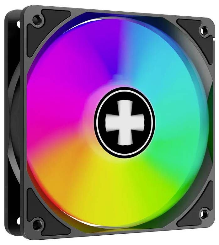 Ein bunter Computerlüfter mit einem zentralen Logo, der ein Spektrum von Farben einschließlich Pink, Blau, Violett und Grün darstellt.