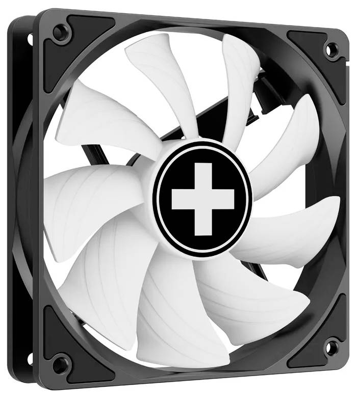 Ein schwarzer und weißer Computer-Kühlventilator mit einem medizinischen Kreuz-Symbol in der Mitte, was auf eine spezialisierte Funktion oder Markenidentität hindeuten könnte.