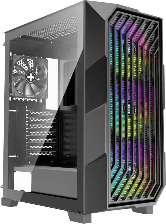 Ein schwarzes, eckiges Computergehäuse mit transparentem Seitenfenster und bunt beleuchteten LED-Frontlüftern wird gezeigt. Geeignet für die Präsentation von Gaming-Hardware.