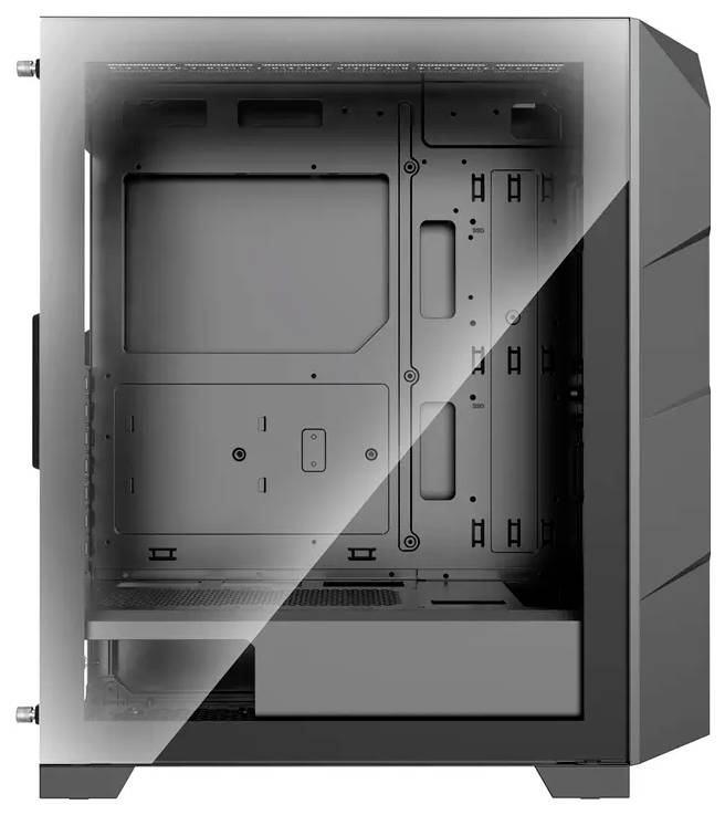 Ein schlankes Computergehäuse mit einer Seitenwand aus gehärtetem Glas, das einen leeren Innenraum zeigt, der für die Installation von Hardware bereit ist.