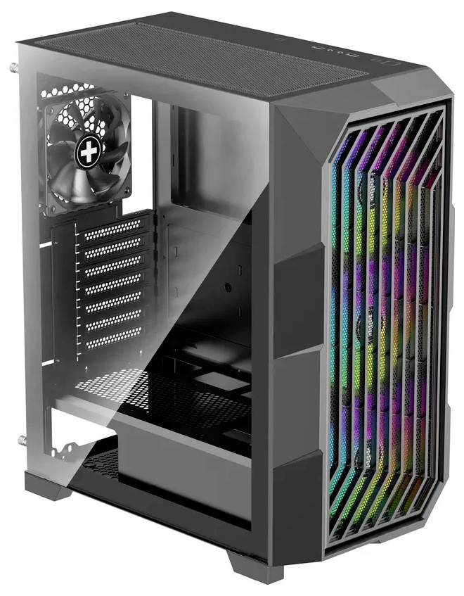 Ein schlankes, leeres Computergehäuse mit RGB-Beleuchtung an der Frontseite, Seitenpanel entfernt, Kühlventilatoren und Erweiterungsslots im Inneren sichtbar.