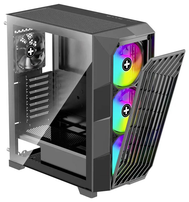 Ein schwarzes Computergehäuse mit transparentem Seitenfenster, freiliegendem Innenraum, drei frontal ausgerichteten RGB-Lüftern mit leuchtenden Farben und einer Meshfront.