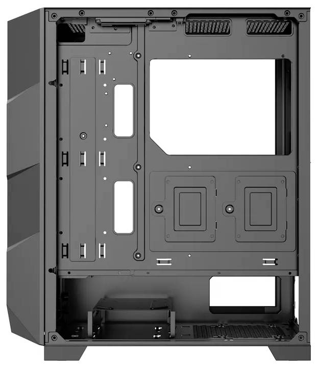 Ein vertikaler schwarzer Computergehäuse, der die innere Anordnung mit Montagemöglichkeiten für Komponenten, Kabelmanagement-Funktionen und Belüftungsbereichen zeigt.