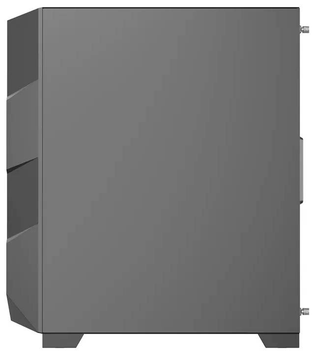 Ein grauer, rechteckiger Computerturm mit elegantem, modernem Design; keine sichtbaren Logos oder Markierungen; stehend auf vier kleinen Füßen.